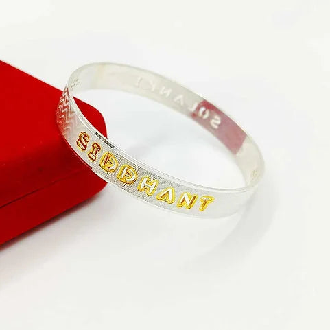 Customised Name Om Design Silver Wave Kada | 925 Sterling Silver Flat Kada – AJ Jewellers