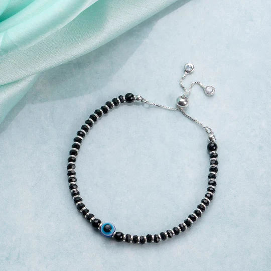 Silver Bracelet for Women – Evil Eye with Black Beads | 925 Sterling Silver Bracelet – AJ Jewellers