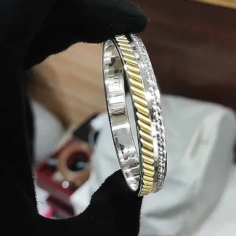 Flat Design Side Cut Gold Rhodium Pure Silver Kada for Men 40 gm | AJ Jewellers