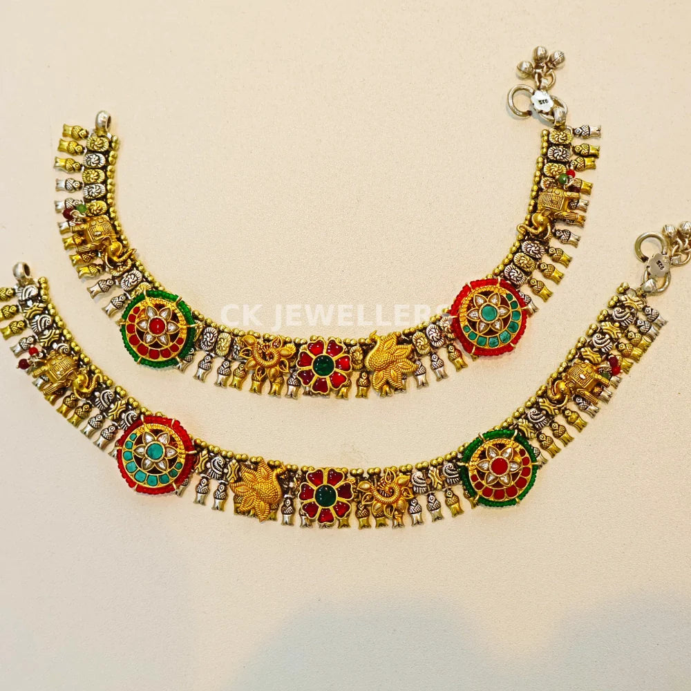 Two Tone 925 Pure Silver Payal for Women | Heavy Anklet – 182g Approx | AJ Jewellers
